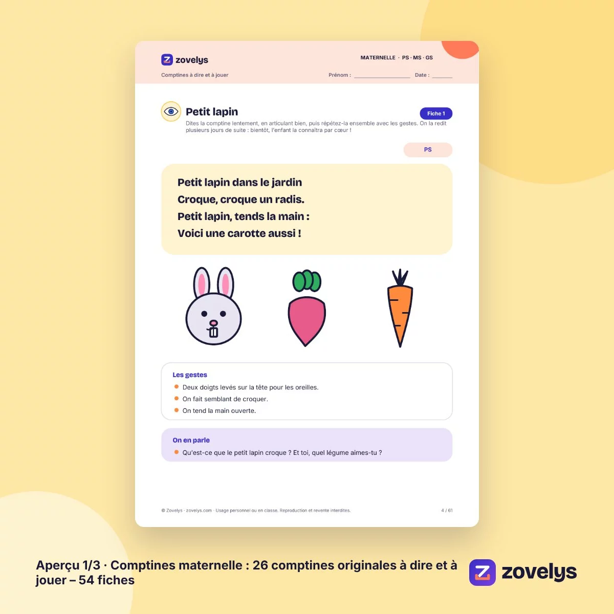 Comptines maternelle : 26 comptines originales à dire et à jouer – 54 fiches – aperçu 1