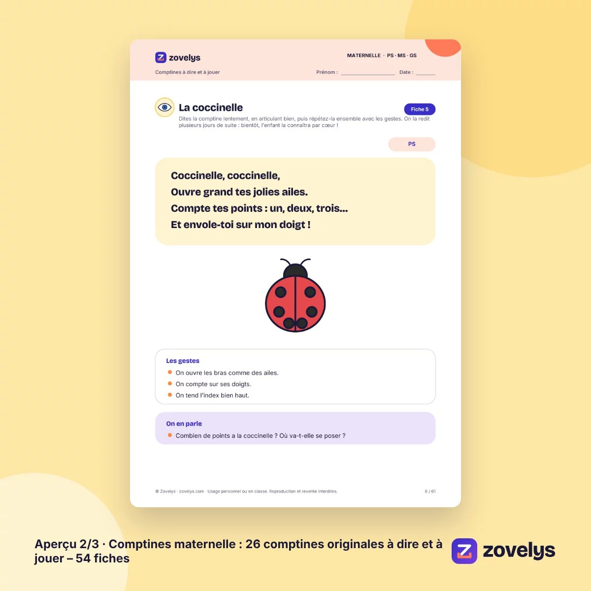 Comptines maternelle : 26 comptines originales à dire et à jouer – 54 fiches – aperçu 2