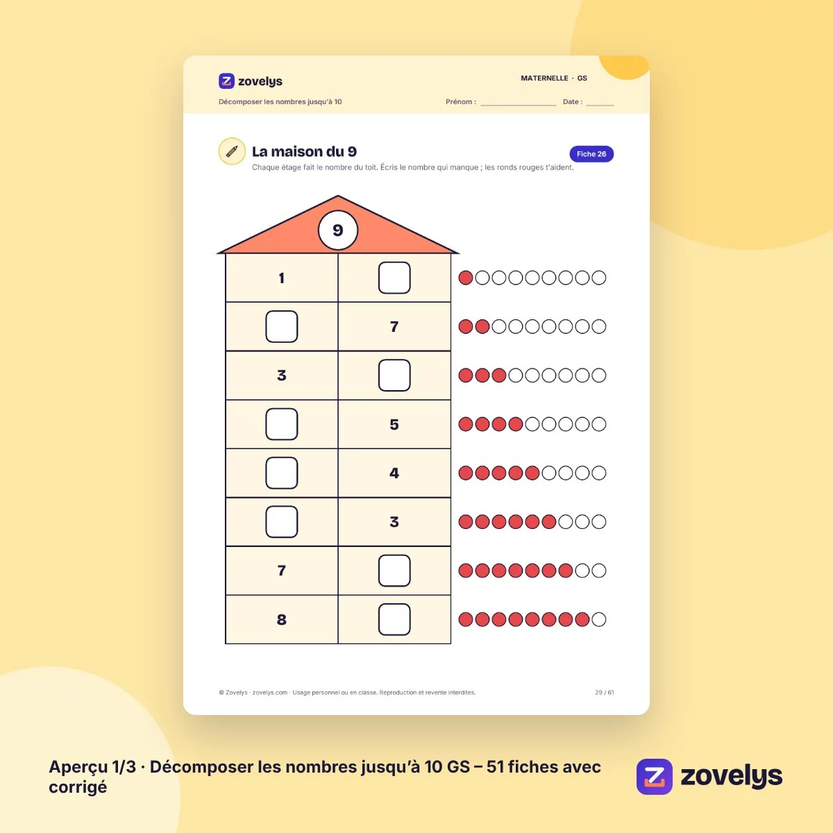 Décomposer les nombres jusqu’à 10 GS – 51 fiches avec corrigé – aperçu 1