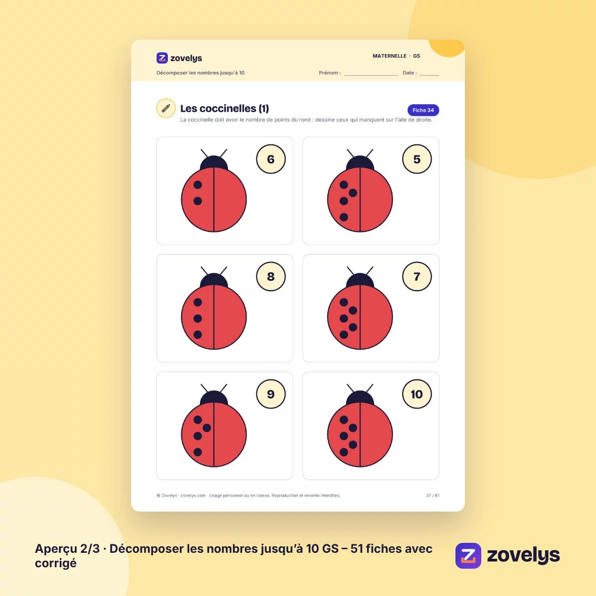 Décomposer les nombres jusqu’à 10 GS – 51 fiches avec corrigé – aperçu 2