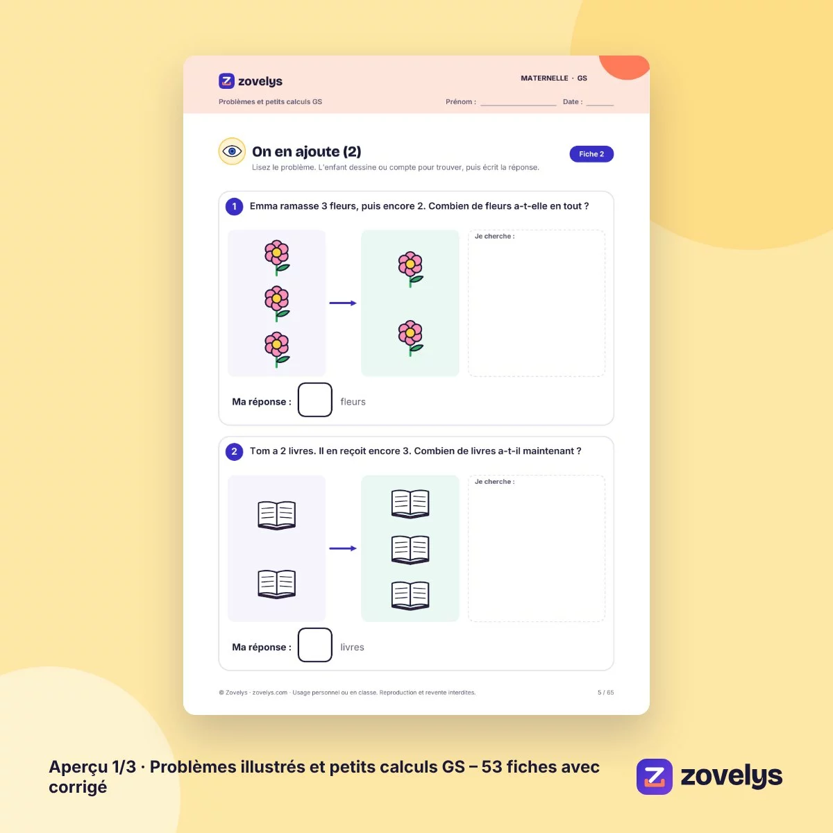 Problèmes illustrés et petits calculs GS – 53 fiches avec corrigé – aperçu 1