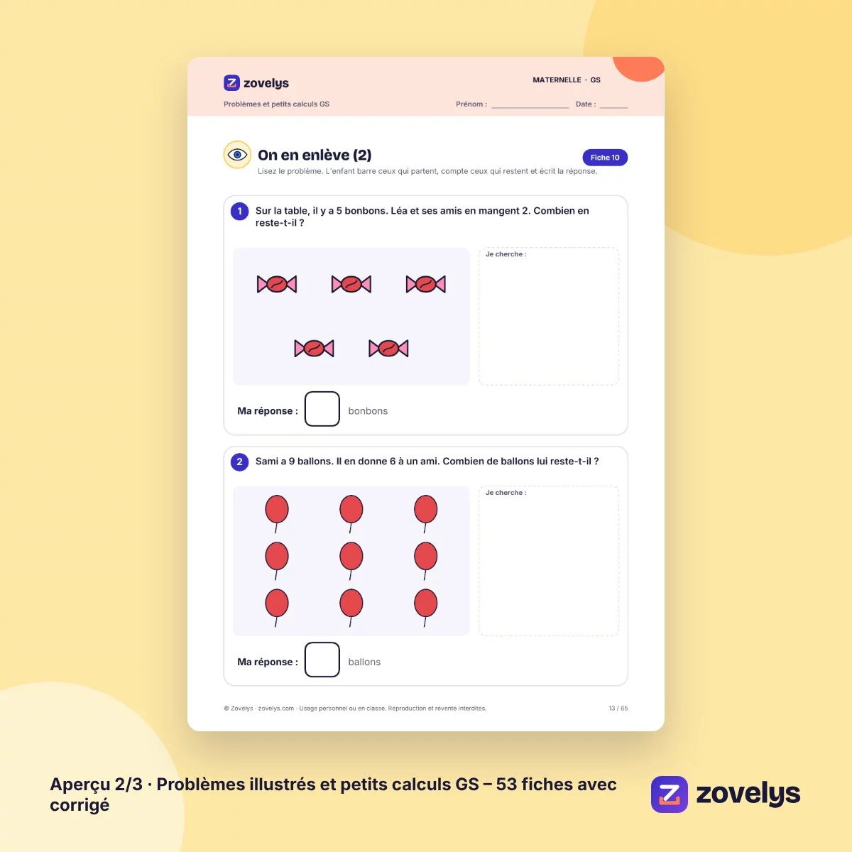 Problèmes illustrés et petits calculs GS – 53 fiches avec corrigé – aperçu 2