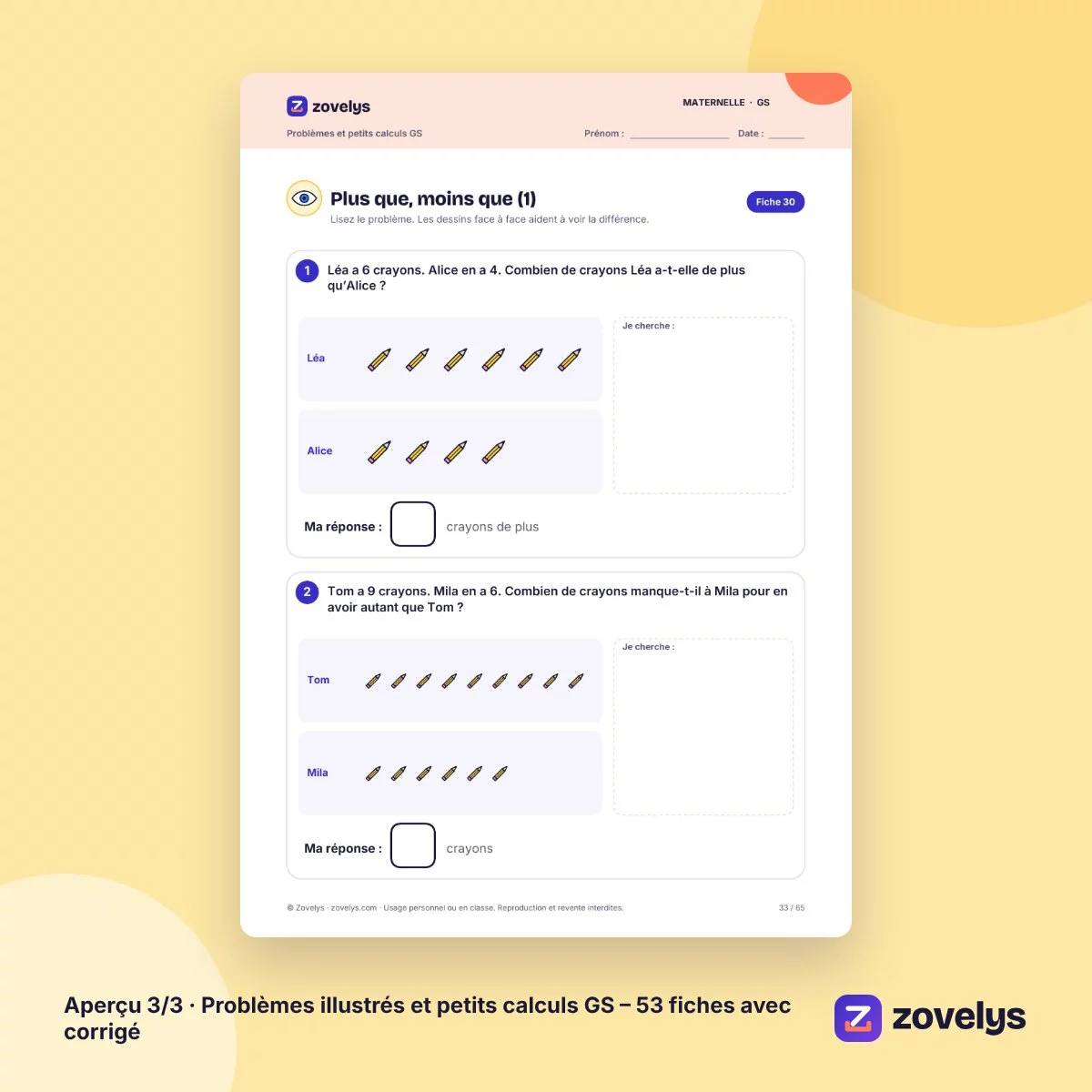 Problèmes illustrés et petits calculs GS – 53 fiches avec corrigé – aperçu 3