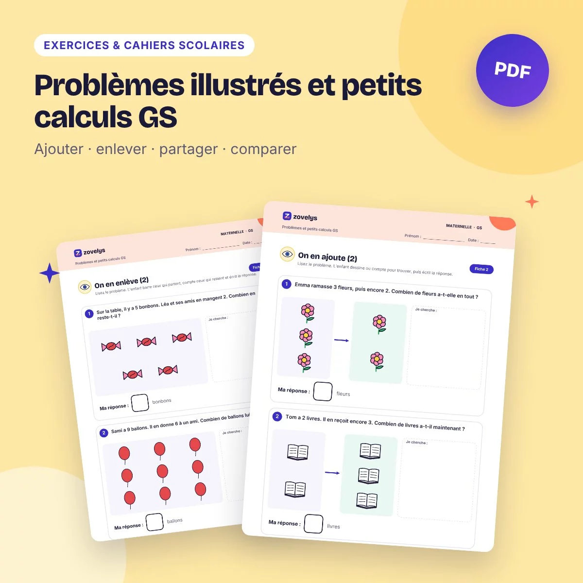 Problèmes illustrés et petits calculs GS – 53 fiches avec corrigé