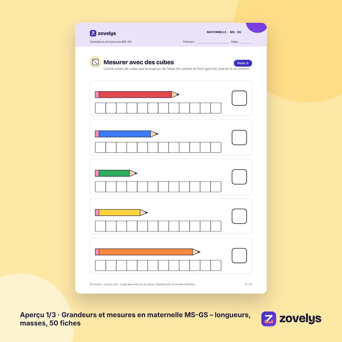 Grandeurs et mesures en maternelle MS-GS – longueurs, masses, 50 fiches – aperçu 1