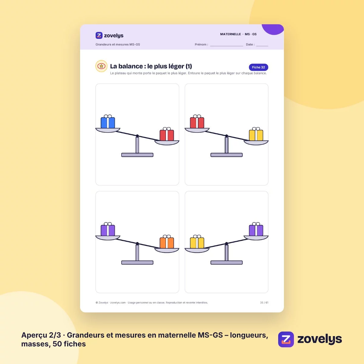 Grandeurs et mesures en maternelle MS-GS – longueurs, masses, 50 fiches – aperçu 2