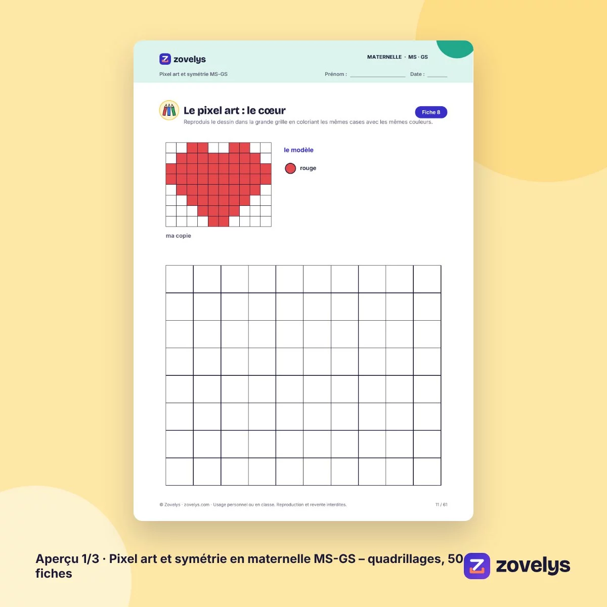 Pixel art et symétrie en maternelle MS-GS – quadrillages, 50 fiches – aperçu 1