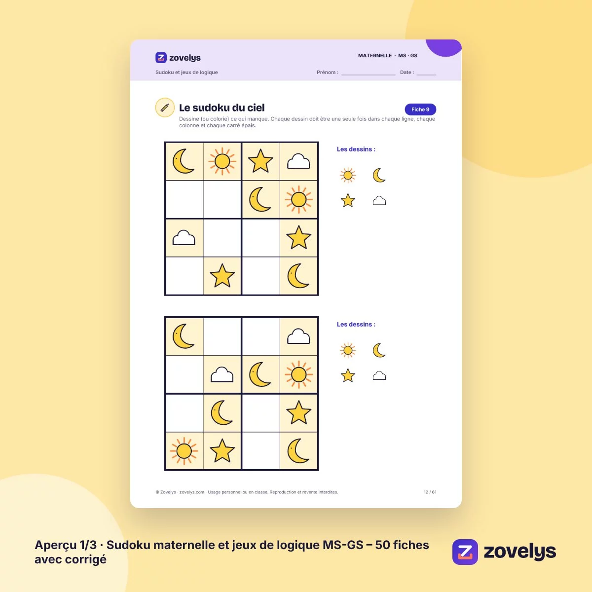 Sudoku maternelle et jeux de logique MS-GS – 50 fiches avec corrigé – aperçu 1