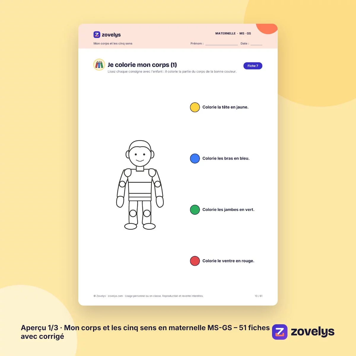 Mon corps et les cinq sens en maternelle MS-GS – 51 fiches avec corrigé – aperçu 1