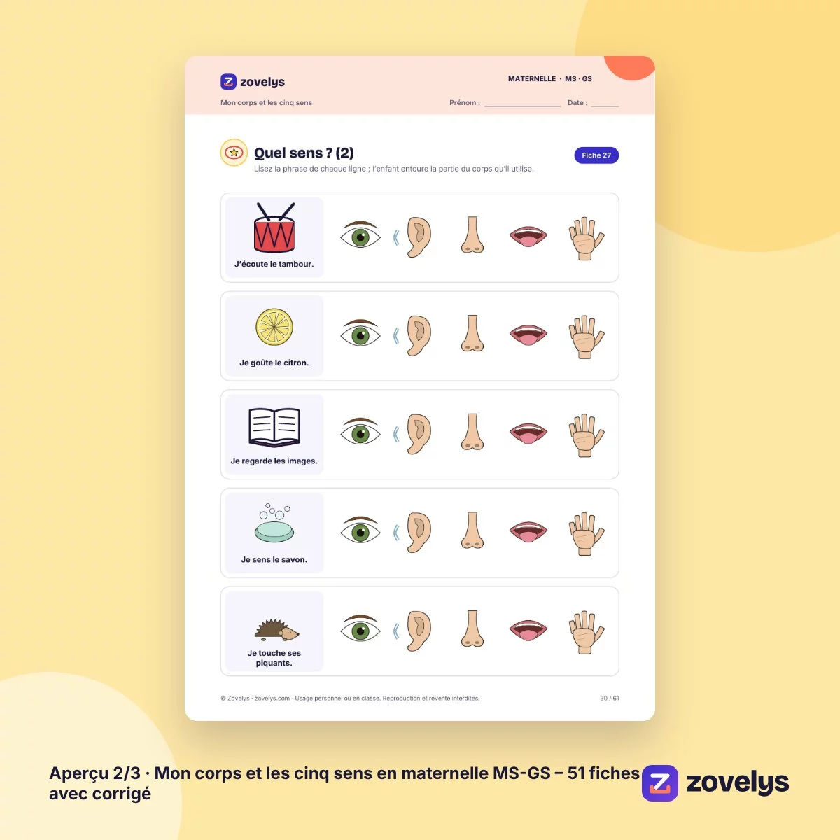 Mon corps et les cinq sens en maternelle MS-GS – 51 fiches avec corrigé – aperçu 2