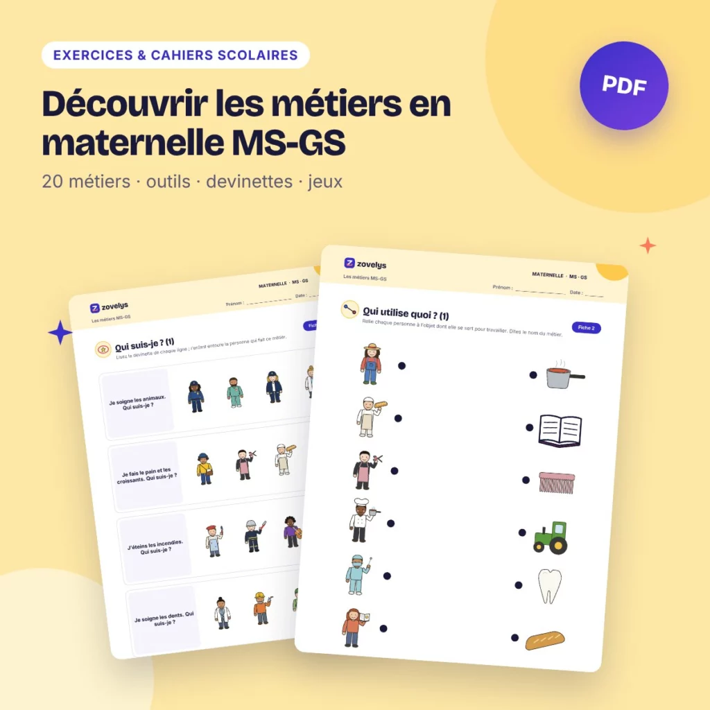 Découvrir les métiers en maternelle MS-GS – 20 métiers, 49 fiches avec corrigé