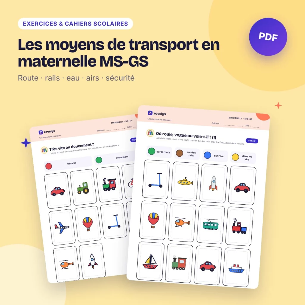 Les moyens de transport en maternelle MS-GS – route, rails, eau, airs, 50 fiches
