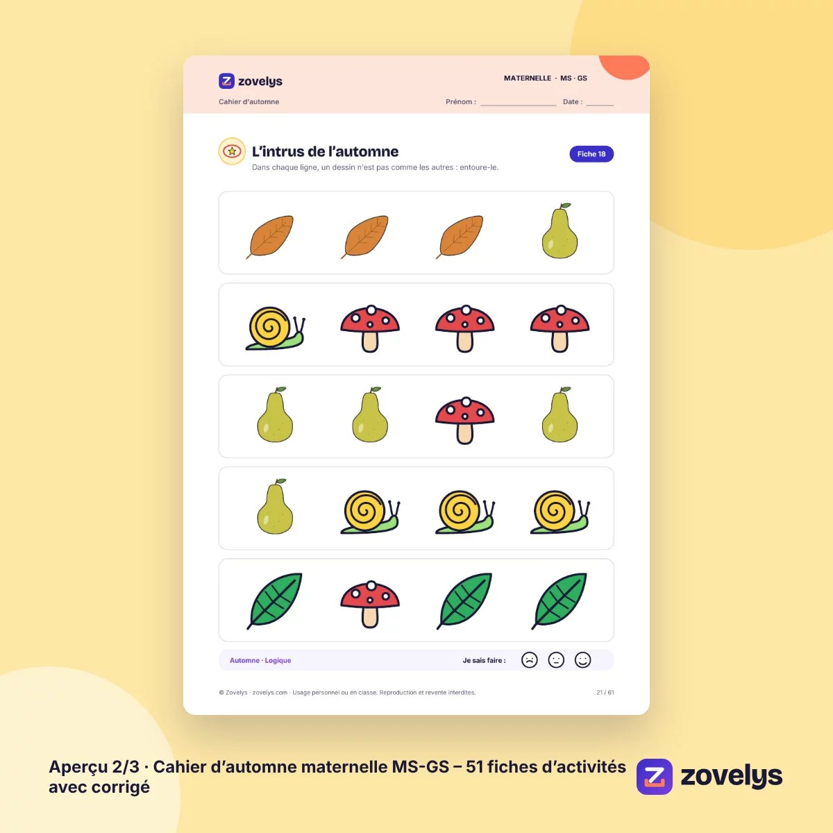 Cahier d’automne maternelle MS-GS – 51 fiches d’activités avec corrigé – aperçu 2