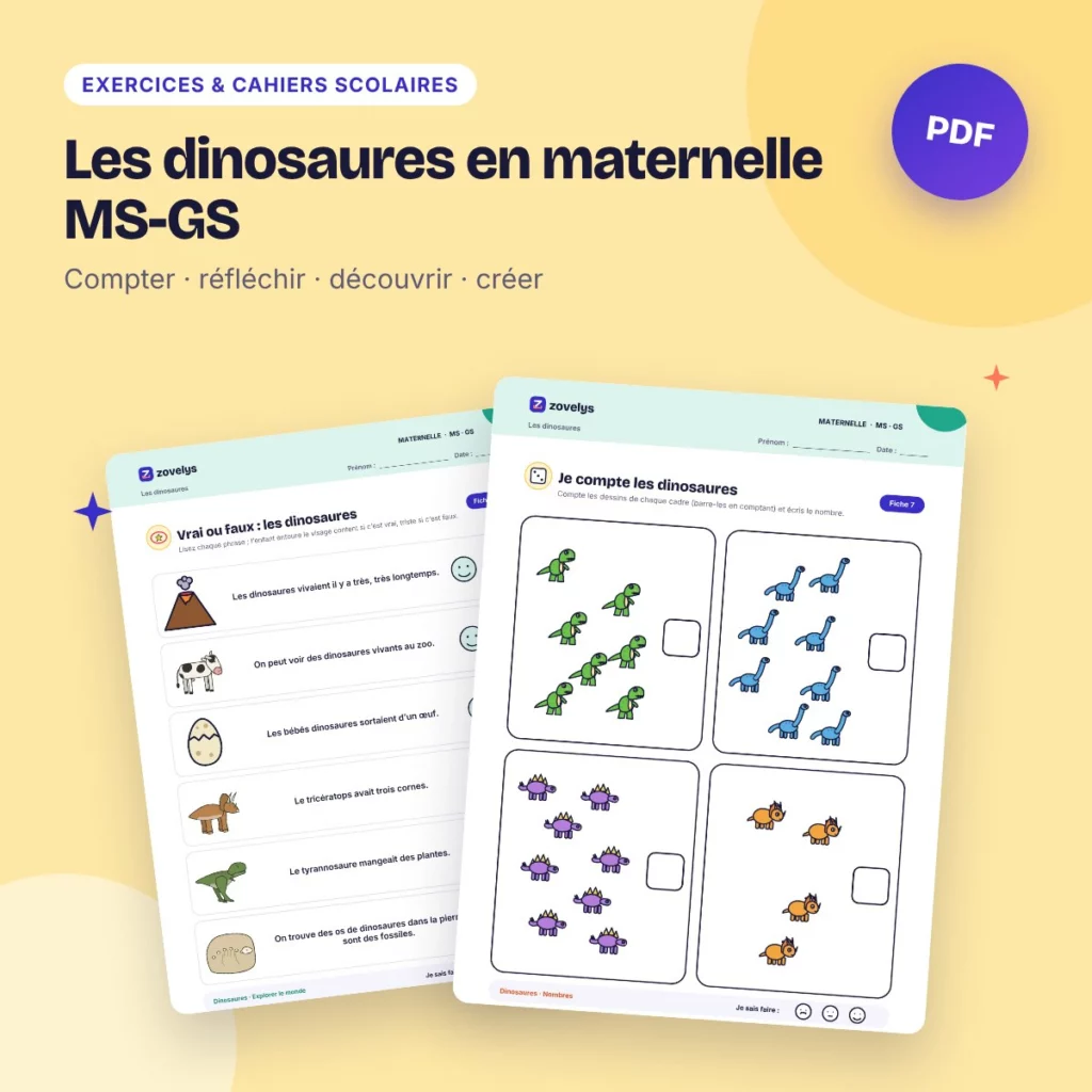 Les dinosaures en maternelle MS-GS – 53 fiches d’activités avec corrigé