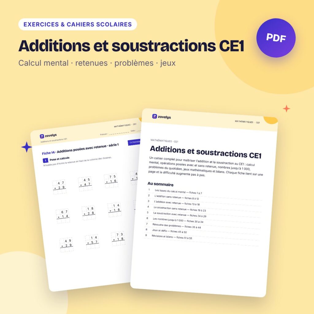 Additions et soustractions CE1 – 55 fiches, jeux et corrigés