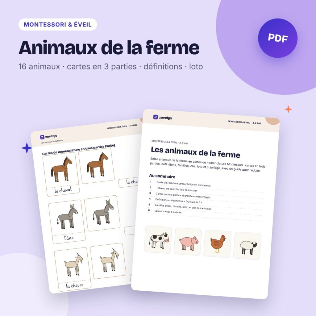 Animaux de la ferme – cartes de nomenclature Montessori (16 animaux)