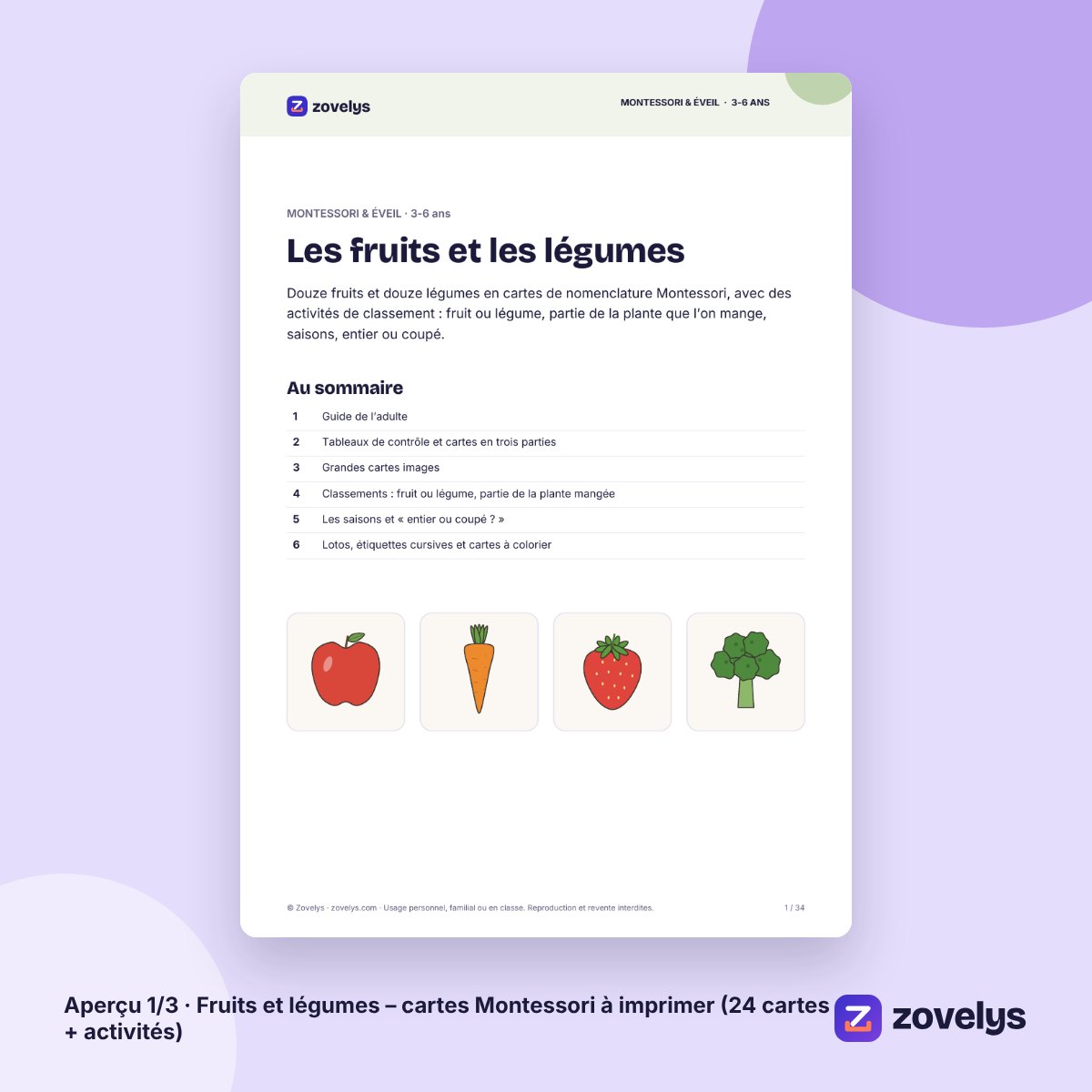 Fruits et légumes – cartes Montessori à imprimer (24 cartes + activités) – aperçu 1