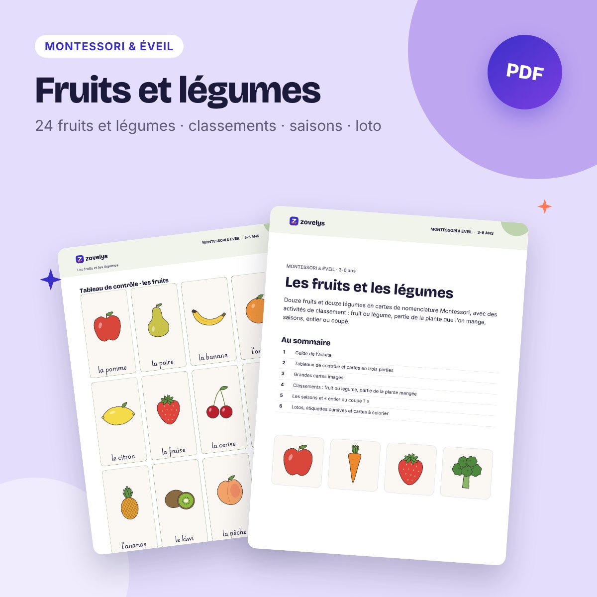Fruits et légumes – cartes Montessori à imprimer (24 cartes + activités)