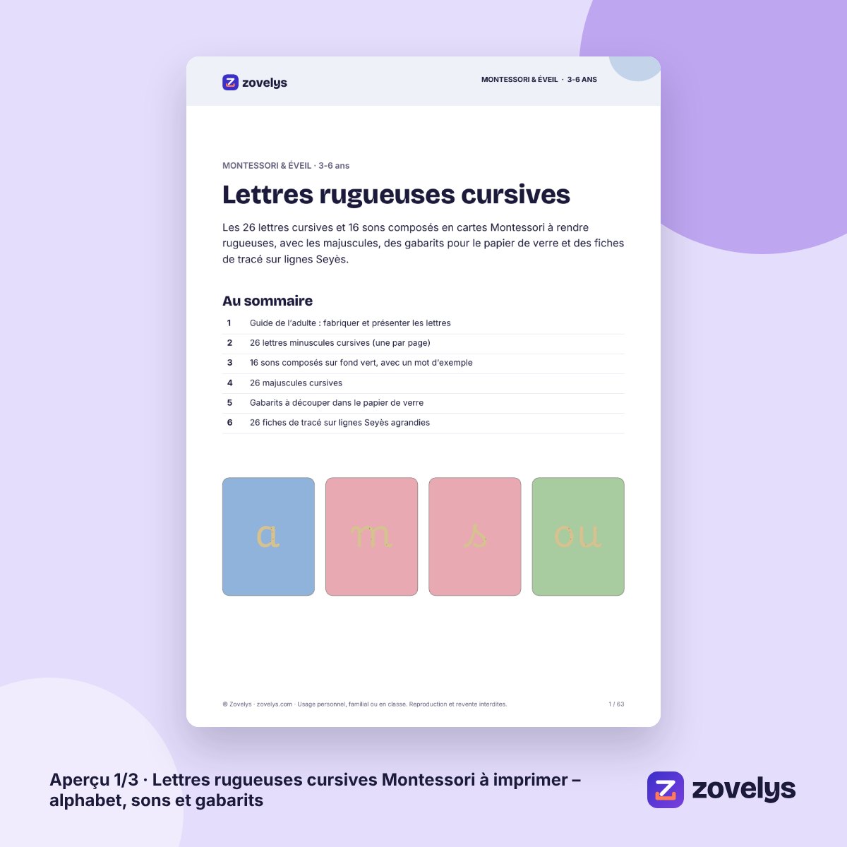 Lettres rugueuses cursives Montessori à imprimer – alphabet, sons et gabarits – aperçu 1