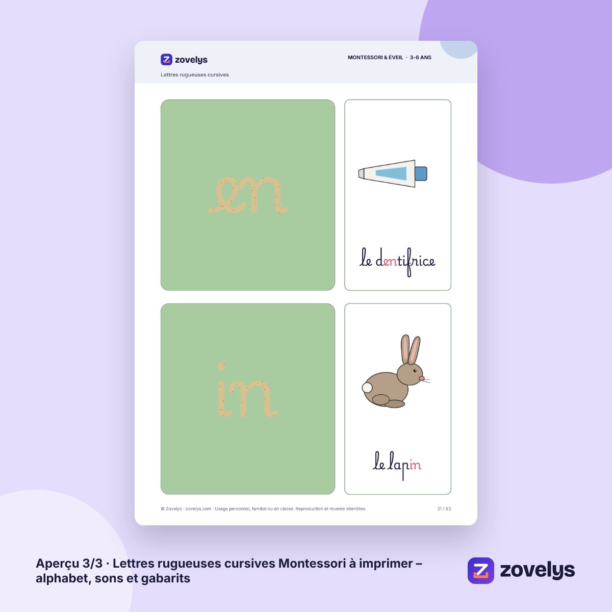 Lettres rugueuses cursives Montessori à imprimer – alphabet, sons et gabarits – aperçu 3
