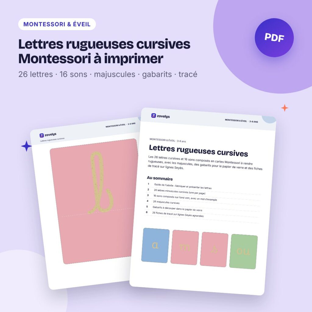 Lettres rugueuses cursives Montessori à imprimer – alphabet, sons et gabarits