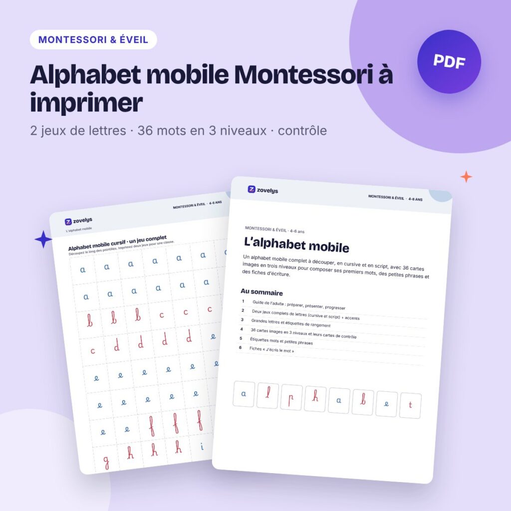 Alphabet mobile Montessori à imprimer – lettres cursives et script, 36 mots