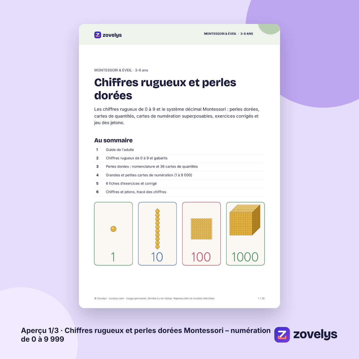 Chiffres rugueux et perles dorées Montessori – numération de 0 à 9 999 – aperçu 1