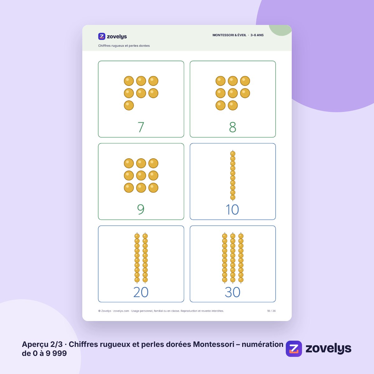 Chiffres rugueux et perles dorées Montessori – numération de 0 à 9 999 – aperçu 2