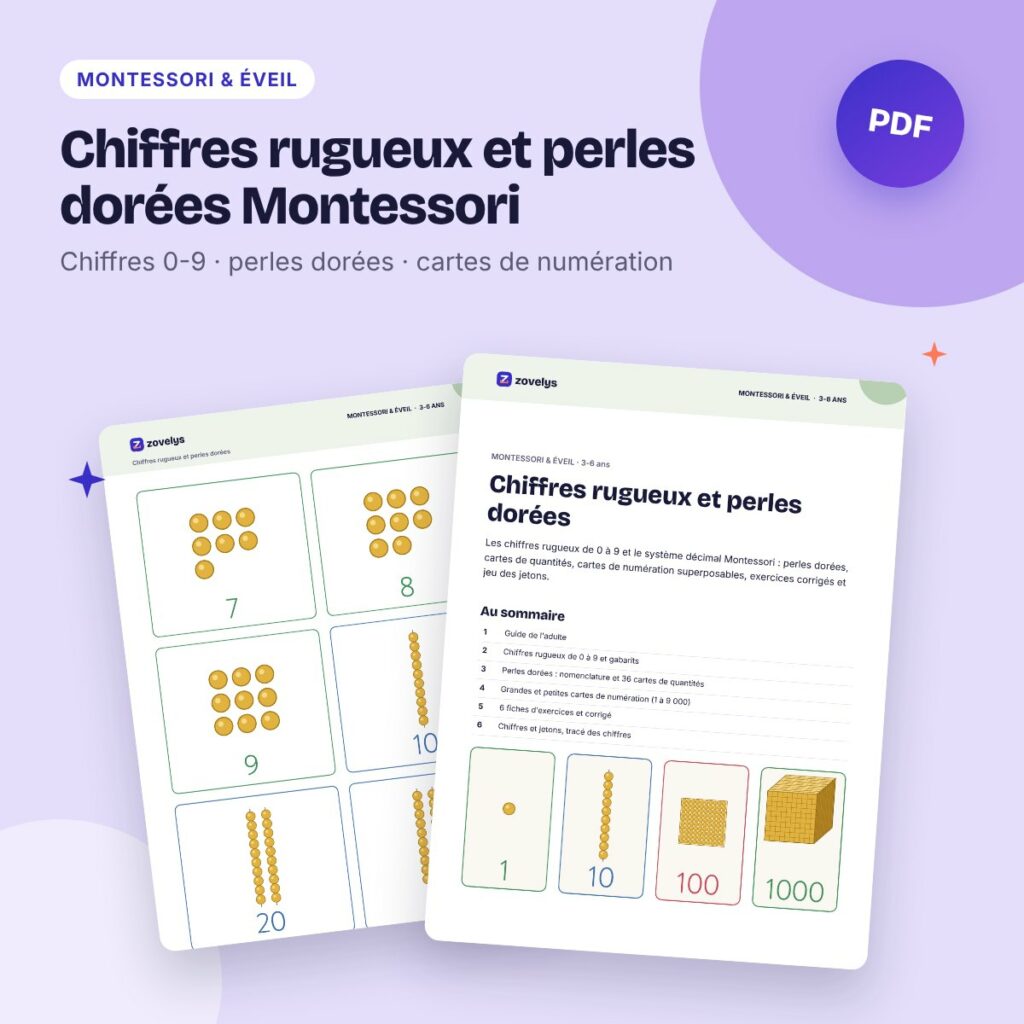 Chiffres rugueux et perles dorées Montessori – numération de 0 à 9 999