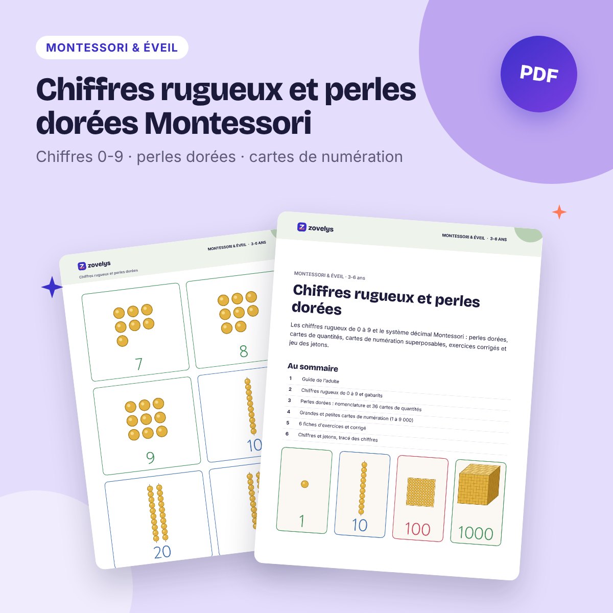 Chiffres rugueux et perles dorées Montessori – numération de 0 à 9 999