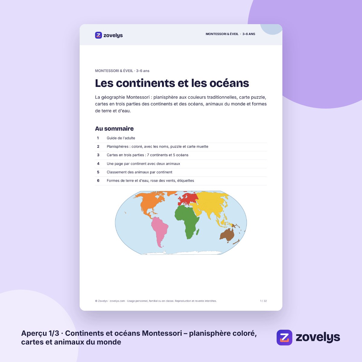 Continents et océans Montessori – planisphère coloré, cartes et animaux du monde – aperçu 1