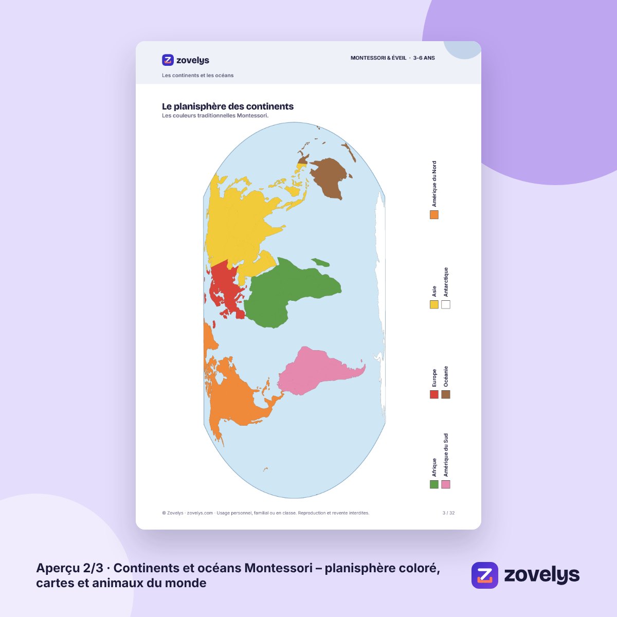 Continents et océans Montessori – planisphère coloré, cartes et animaux du monde – aperçu 2