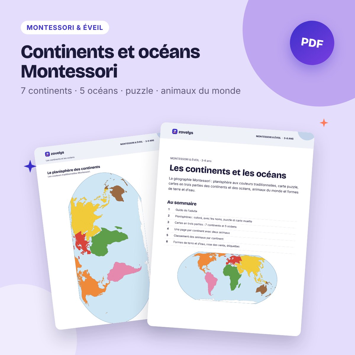 Continents et océans Montessori – planisphère coloré, cartes et animaux du monde