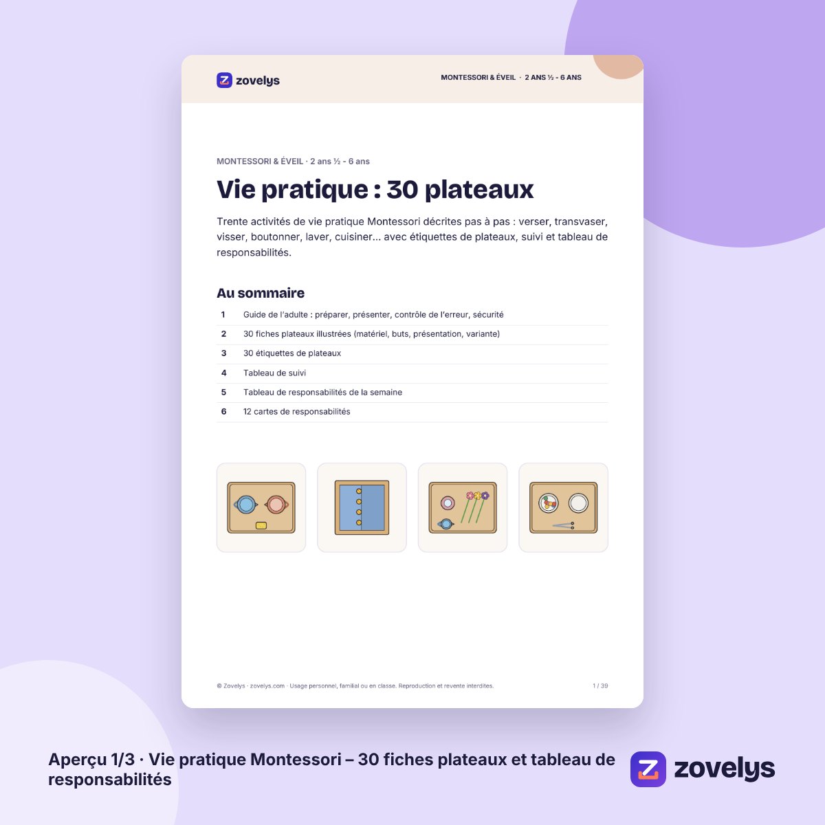Vie pratique Montessori – 30 fiches plateaux et tableau de responsabilités – aperçu 1