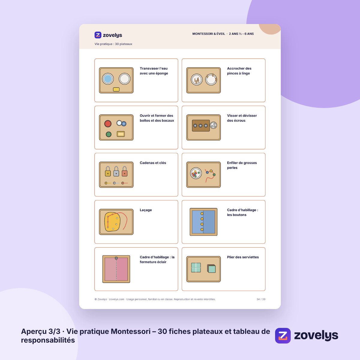 Vie pratique Montessori – 30 fiches plateaux et tableau de responsabilités – aperçu 3