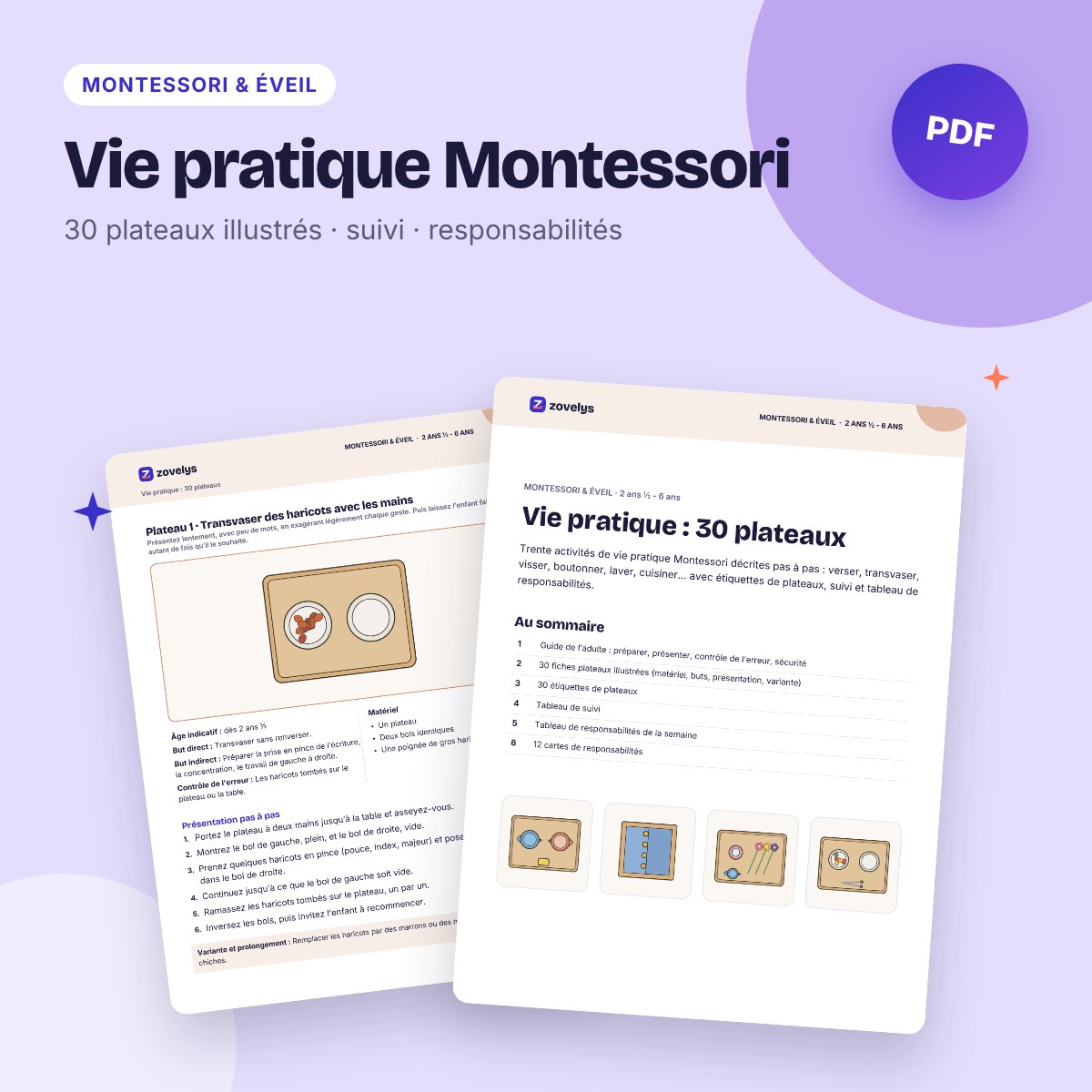 Vie pratique Montessori – 30 fiches plateaux et tableau de responsabilités