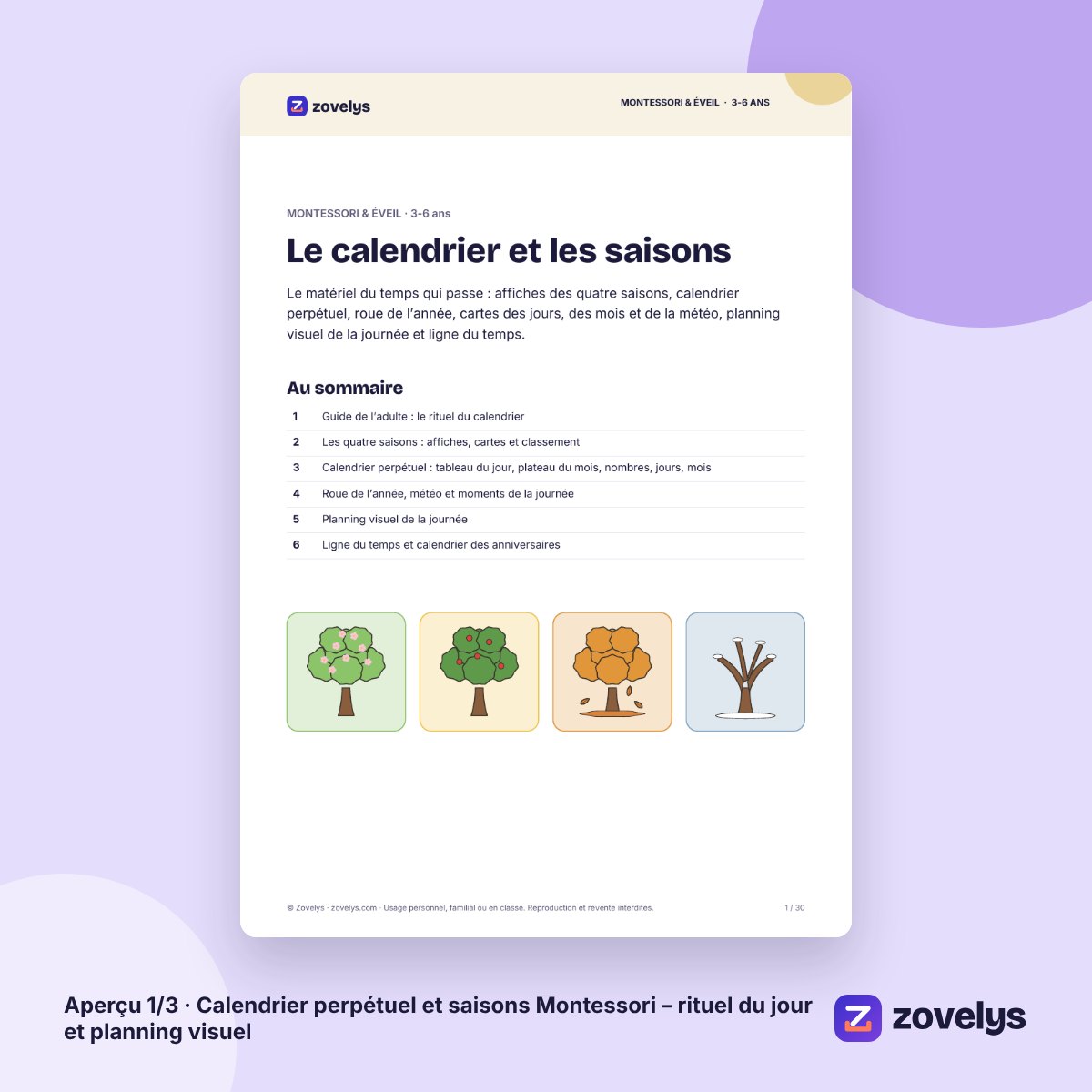 Calendrier perpétuel et saisons Montessori – rituel du jour et planning visuel – aperçu 1