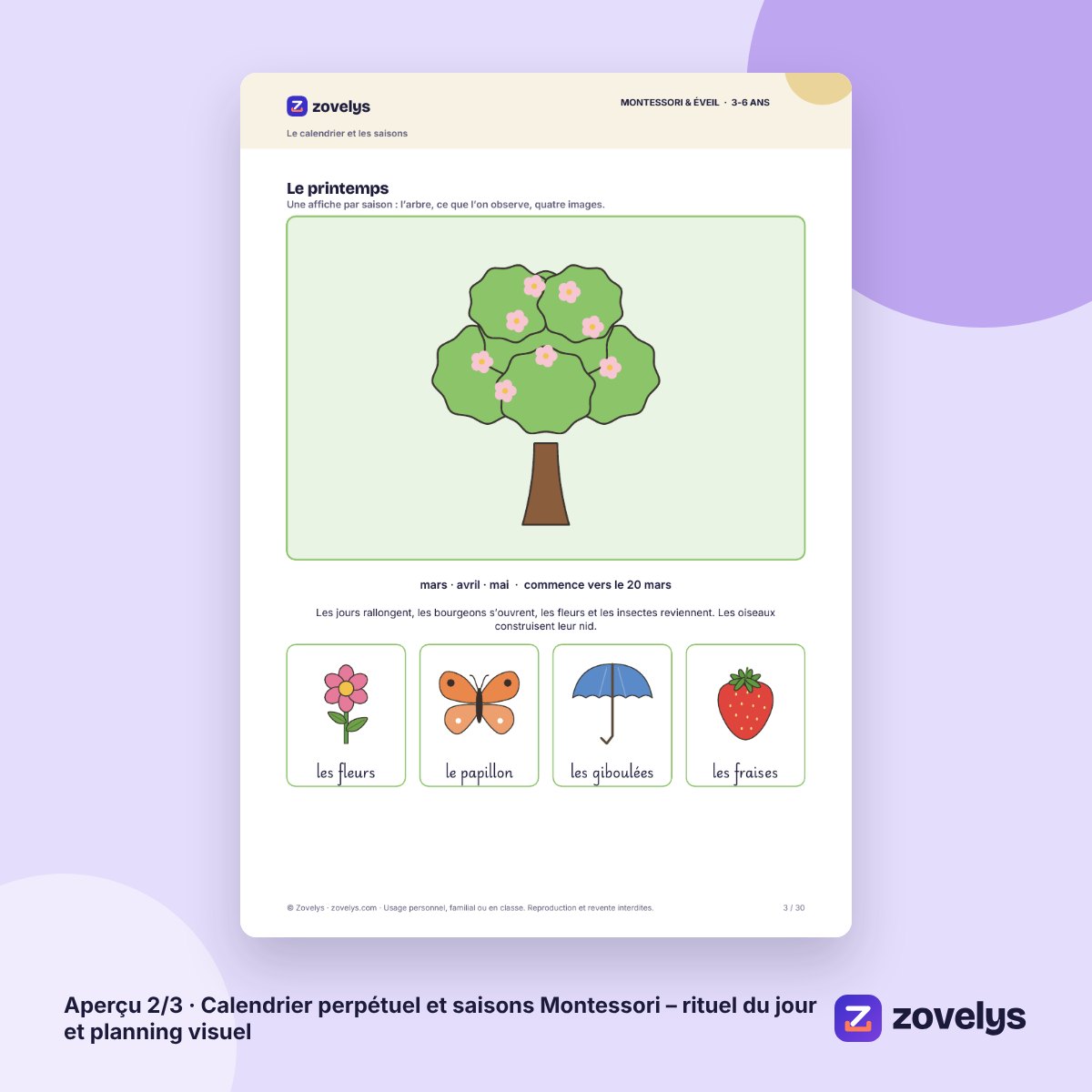 Calendrier perpétuel et saisons Montessori – rituel du jour et planning visuel – aperçu 2