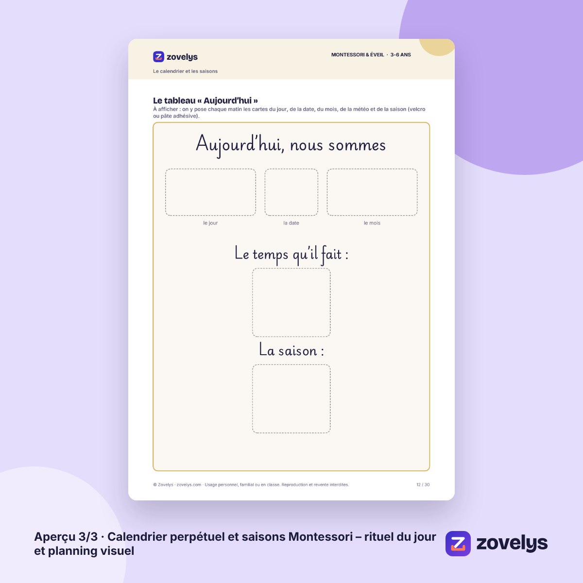 Calendrier perpétuel et saisons Montessori – rituel du jour et planning visuel – aperçu 3