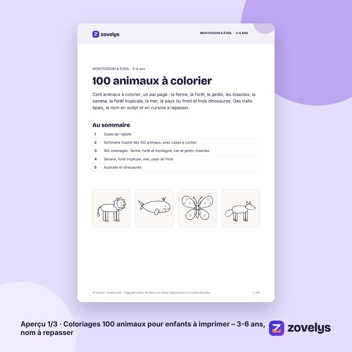 Coloriages 100 animaux pour enfants à imprimer – 3-6 ans, nom à repasser – aperçu 1