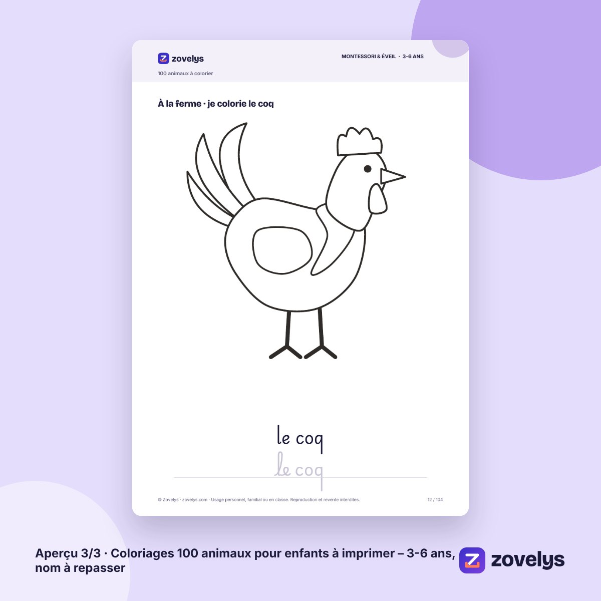 Coloriages 100 animaux pour enfants à imprimer – 3-6 ans, nom à repasser – aperçu 3