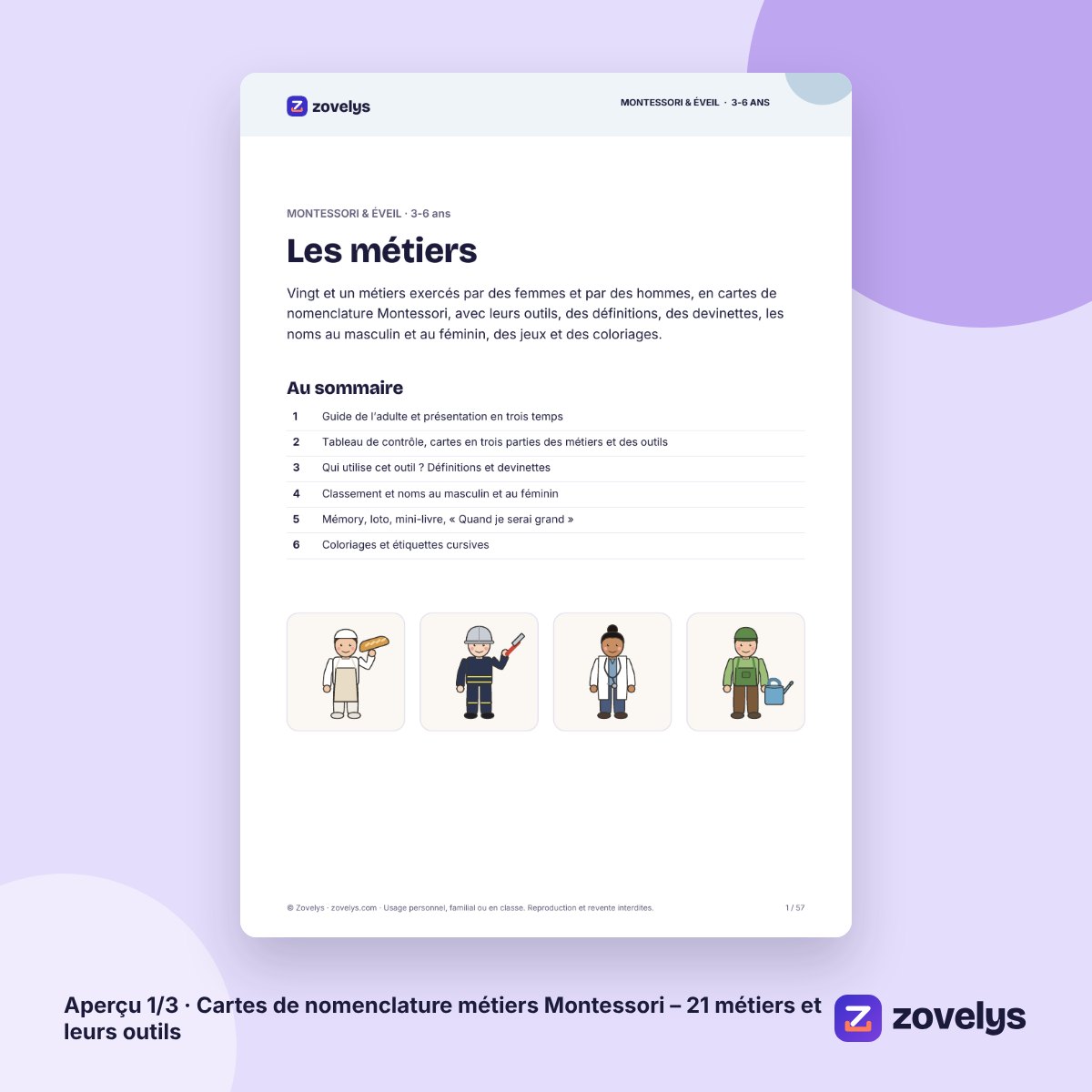 Cartes de nomenclature métiers Montessori – 21 métiers et leurs outils – aperçu 1