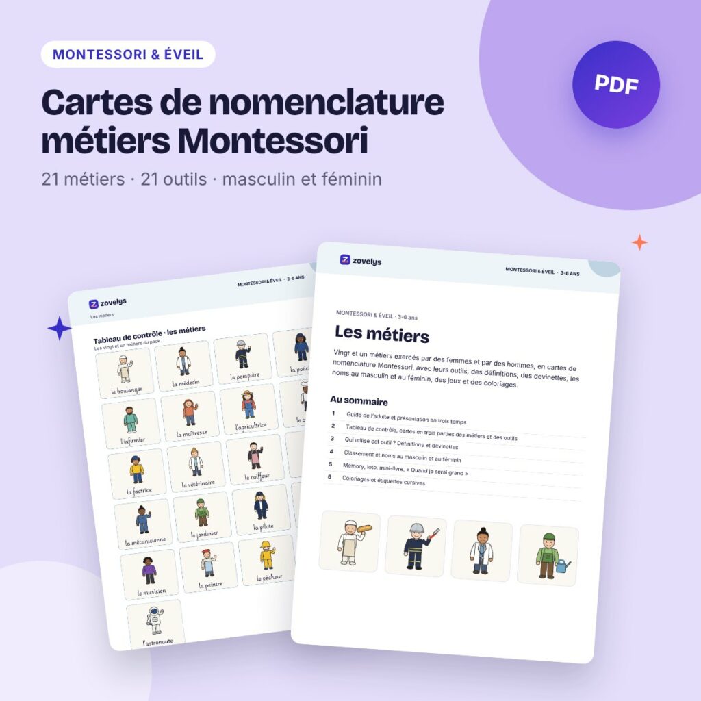 Cartes de nomenclature métiers Montessori – 21 métiers et leurs outils