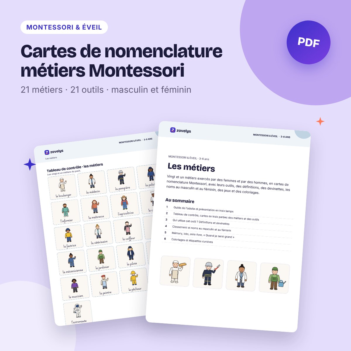 Cartes de nomenclature métiers Montessori – 21 métiers et leurs outils