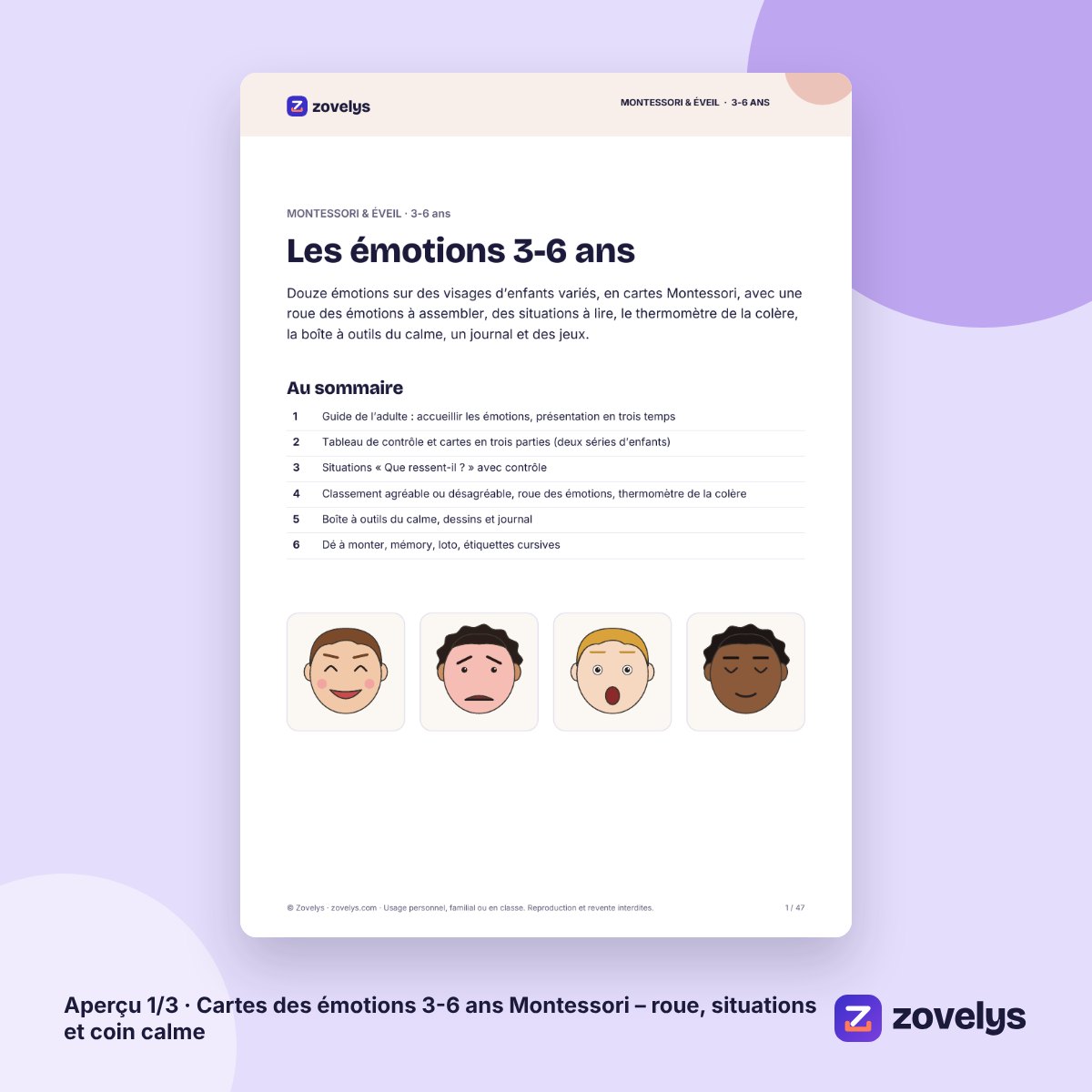 Cartes des émotions 3-6 ans Montessori – roue, situations et coin calme – aperçu 1