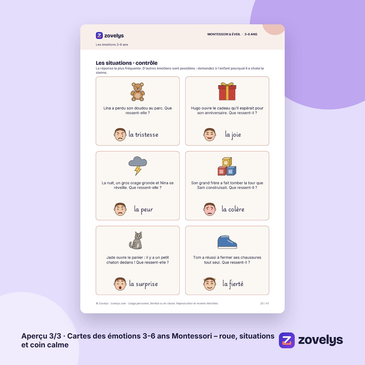 Cartes des émotions 3-6 ans Montessori – roue, situations et coin calme – aperçu 3