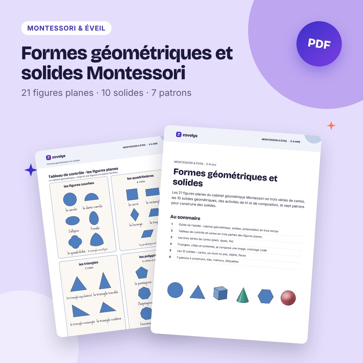 Formes géométriques et solides Montessori – cabinet géométrique, patrons