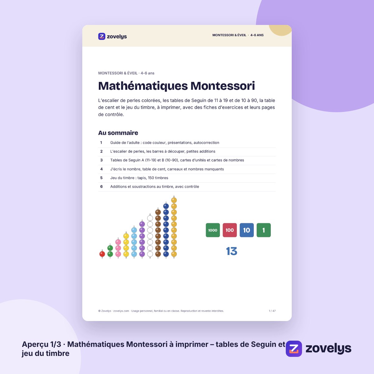 Mathématiques Montessori à imprimer – tables de Seguin et jeu du timbre – aperçu 1