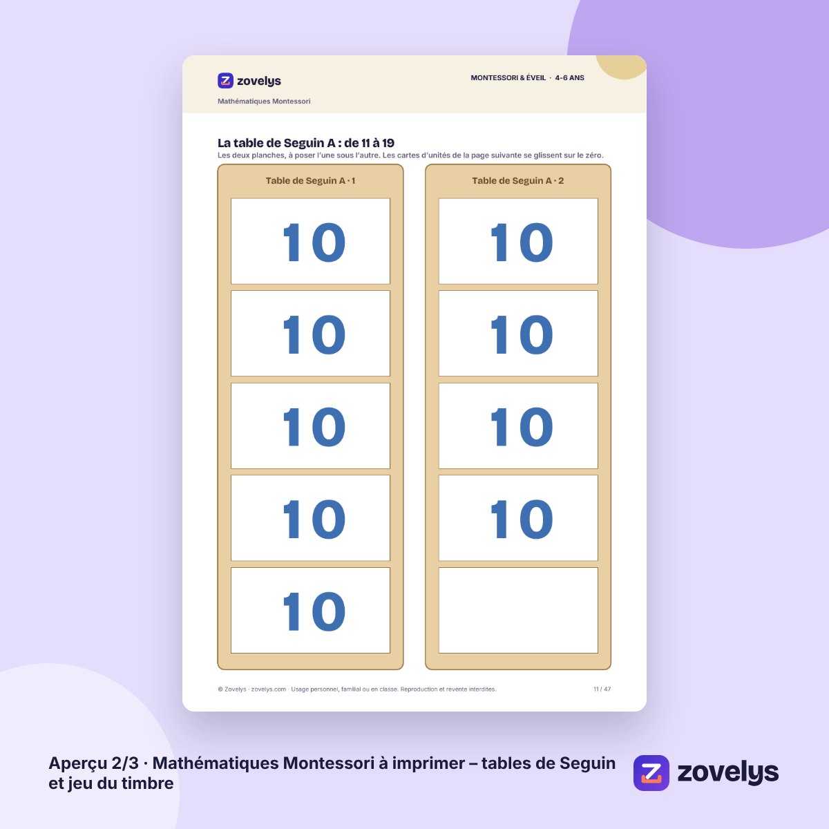 Mathématiques Montessori à imprimer – tables de Seguin et jeu du timbre – aperçu 2