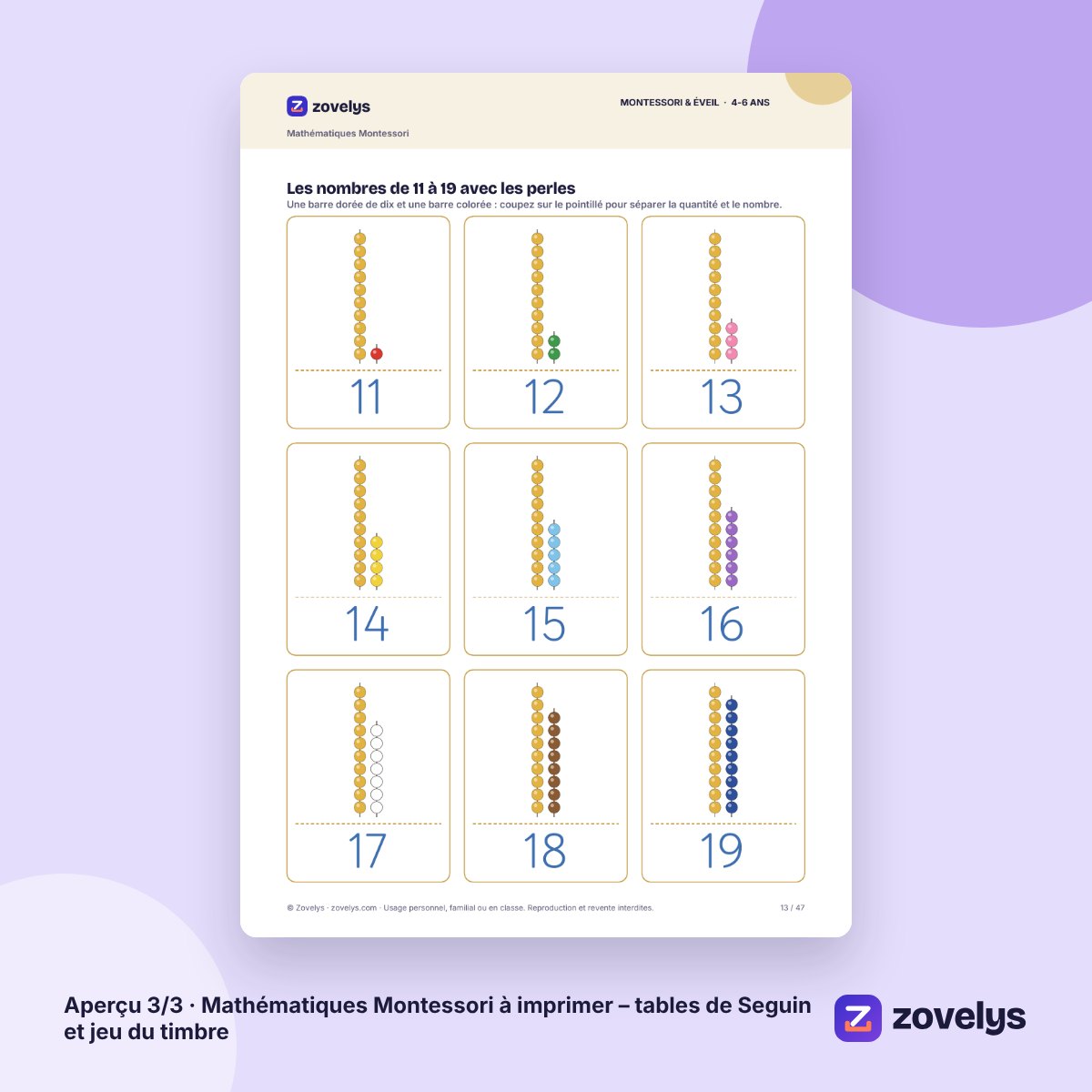Mathématiques Montessori à imprimer – tables de Seguin et jeu du timbre – aperçu 3